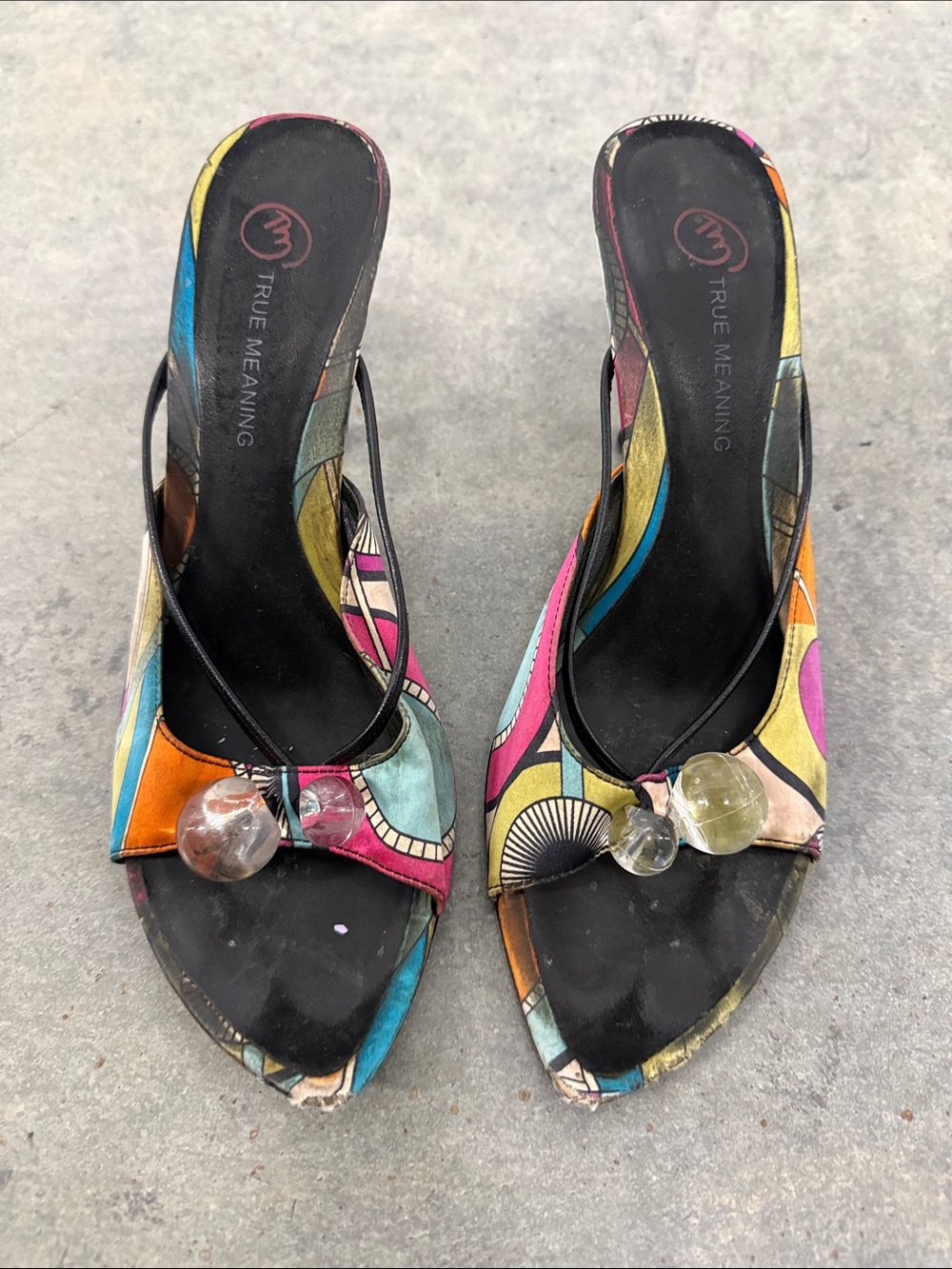 True Meaning Vintage Y2K Multicolor Open-Toe Slide Heels with Decorative Orbs